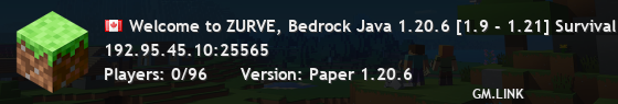 Welcome to ZURVE, Bedrock Java 1.20.6 [1.9 - 1.21] Survival | Parkours | Much More! | discord.gg/FgrQJkHqqe /rainbow>